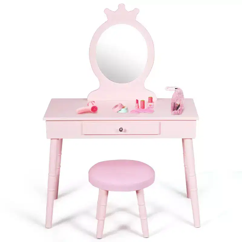 Costway Kids Vanity Makeup Table & Chair Set Make Up Stool Play Set for Children