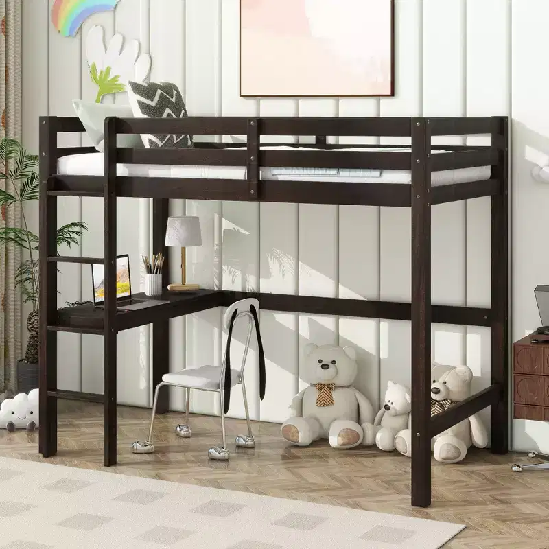 MATEERTY Twin Loft Wood Bed with Bulit in Desk Safety Guardrails Ladder Brown