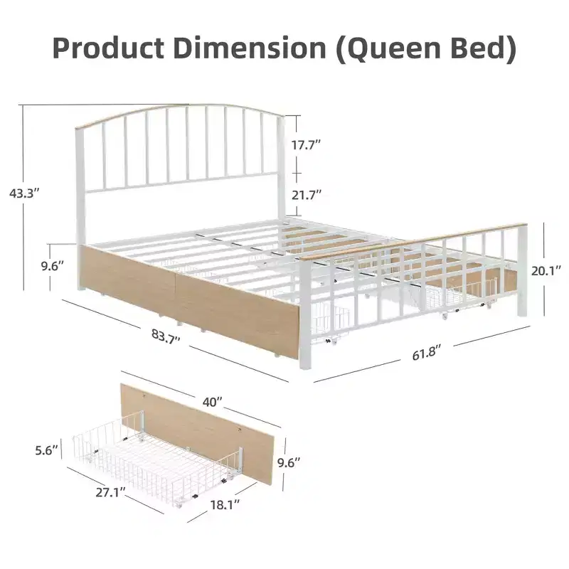 Bed Frame - Platform bed frame with headboard and footboard, 4 drawers, steel slat support base, no spring mattress required.