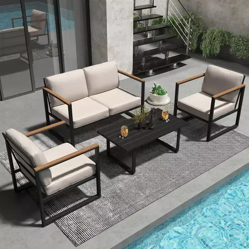 Outdoor Metal Patio Furniture Sets of 4, Outside Seating Furniture with Loveseat and Coffee Table, for Porch, Apartments, Garden