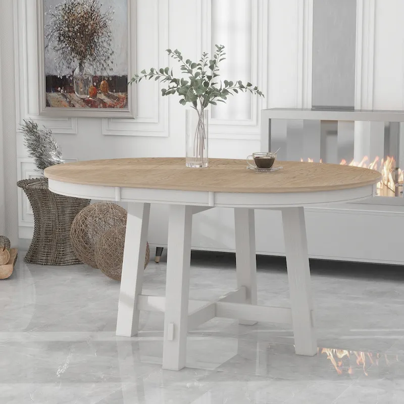 Farmhouse Round Extendable Dining Table with 16 Leaf Wood Kitchen Table