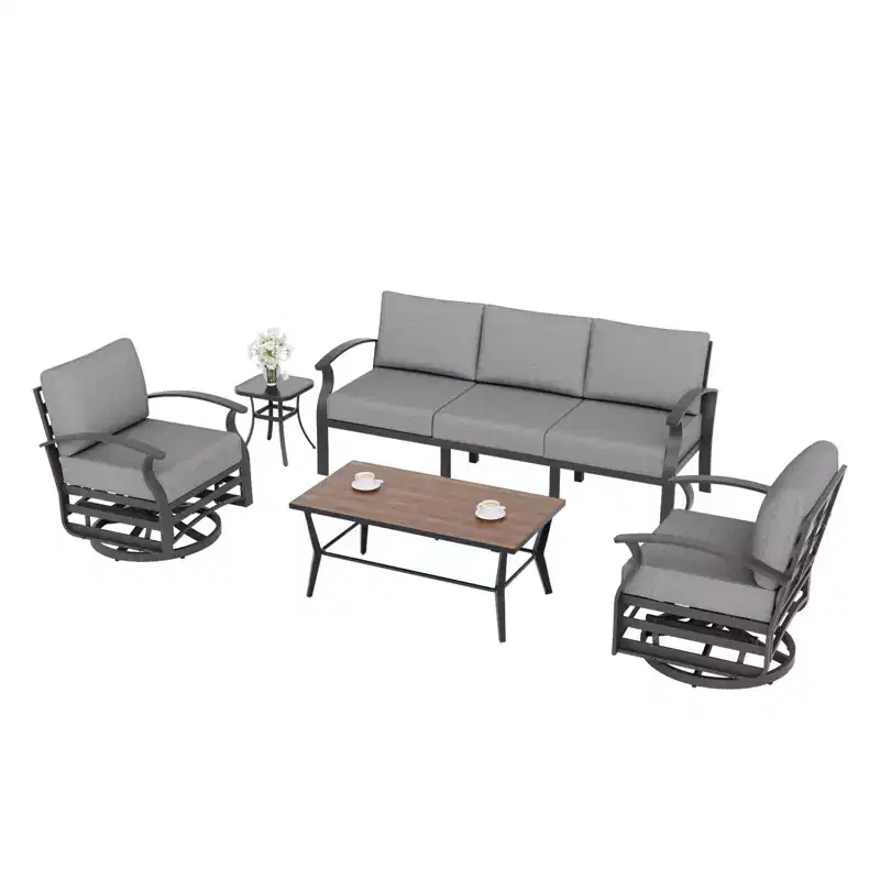 ALAULM 5-Seat Aluminum Patio Furniture Sofa Set, Outdoor Furniture Set w/5Swivel Rocking Chair&DPC Metal Coffee Table, Outdoor Conversation Set