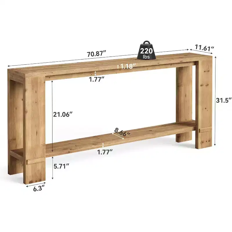 Lantine 70-Inch Solid Wood Console Table, 2-Tier Farmhouse Sofa Table for Behind Couch, for Living Room & Hallway, Natural Wood
