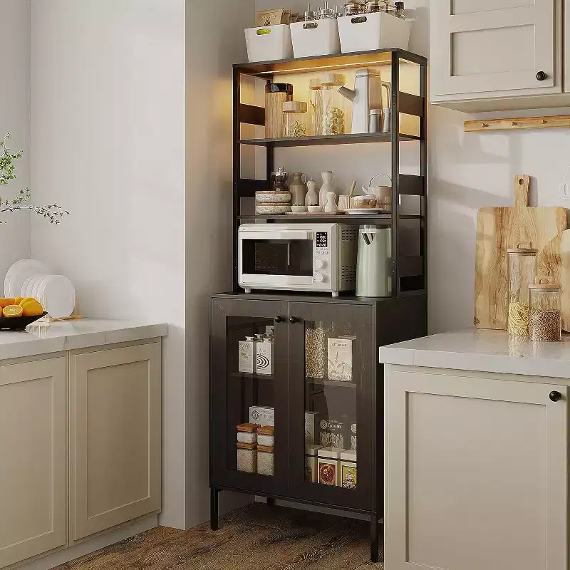 67 Tall Kitchen Pantry Bar Cabinet with LED Lights & Power Outlets, Industrial Freestanding Wine Rack & Storage Cabinet for Dining Room, Living Room