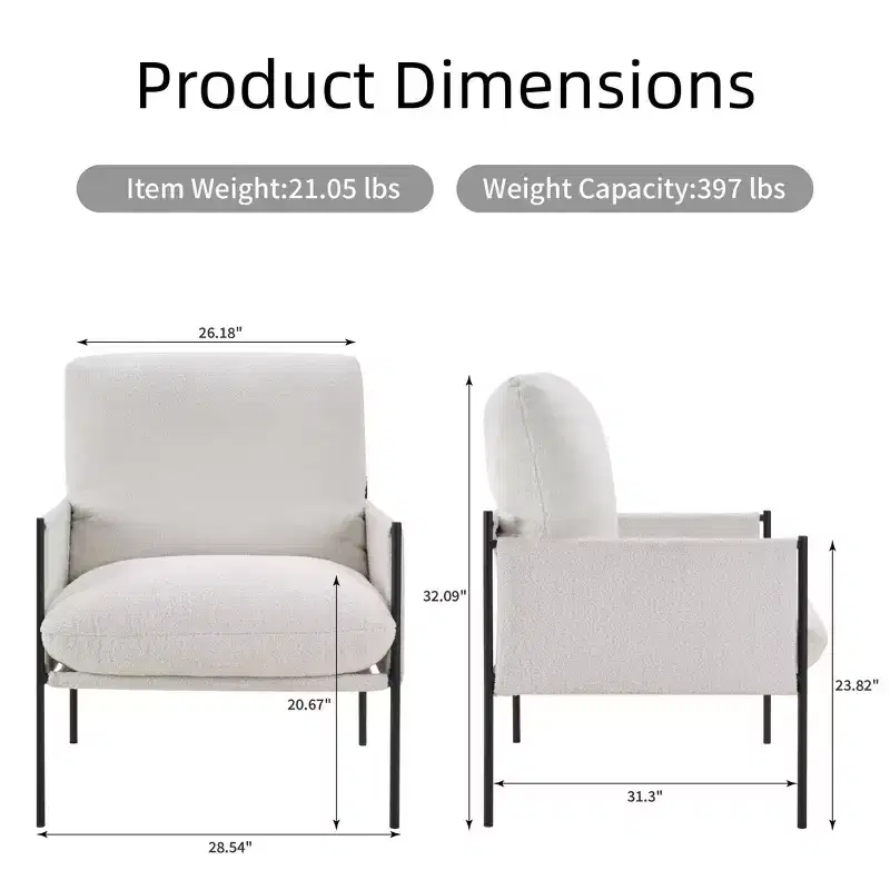 Elegant Accent Reading Chair with Removable Cushion & Wooden Armrests, White
