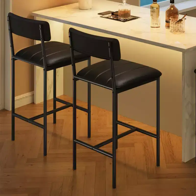 Set of 2 Counter Height Bar Stools with Footrest & Back - PU Leather Kitchen Barstools for Island, Counter, Apartment - Classic Black