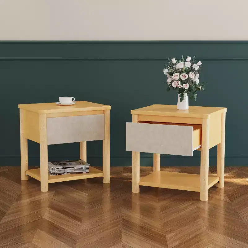 Modern Farmhouse Wood Nightstand with Drawer and Open Shelf