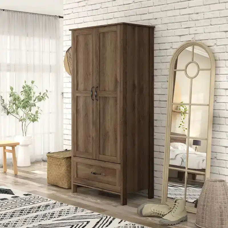 Rustic Distressed Walnut Double-doors Wardrobe Clo with 1-Drawer