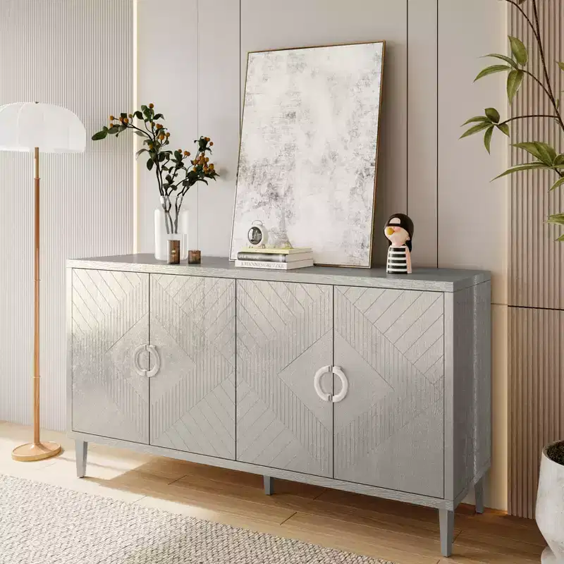 White 4-Door Sideboard with Pine Legs, Storage Cabinet