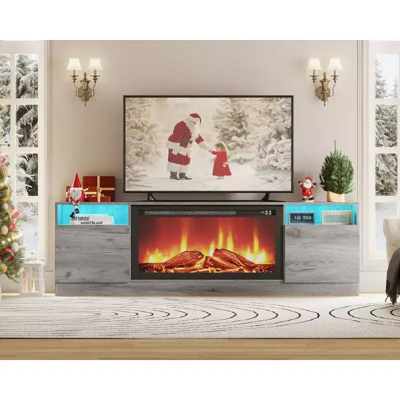 70 Black TV Stand for Living Room C Modern Wooden TV Console Table with Storage Cabinet, Fits TVs up to 75, Compatible with 36 Electric Fireplace