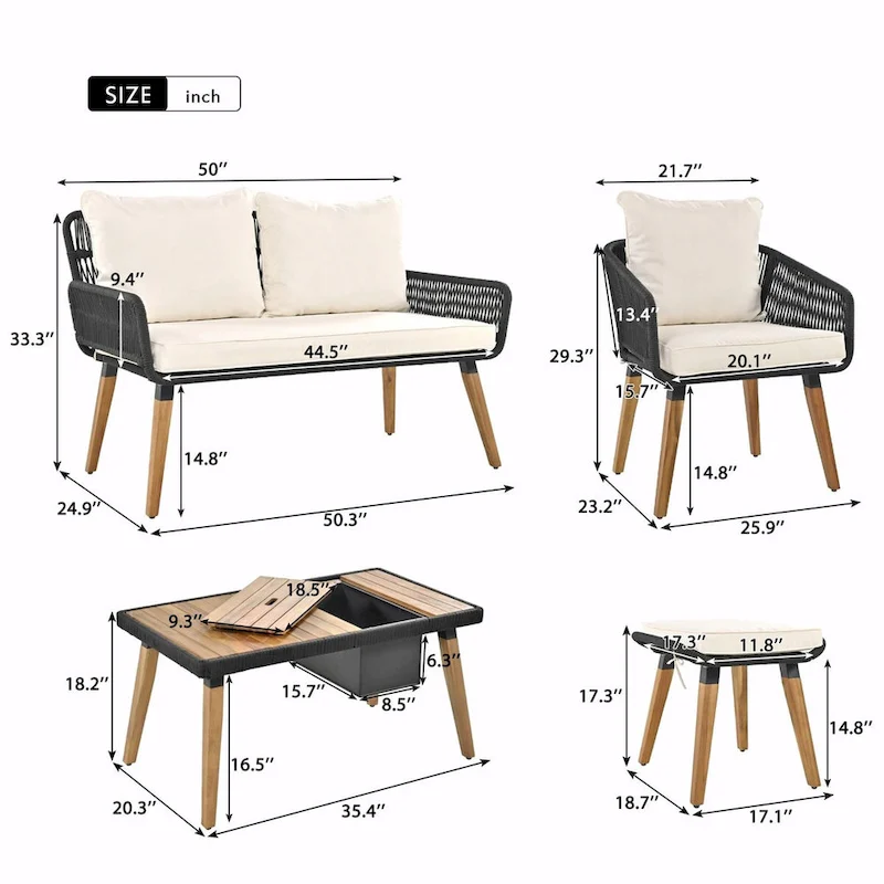 6-Piece Rope Patio Furniture Set with Acacia Wood Cool Bar Table