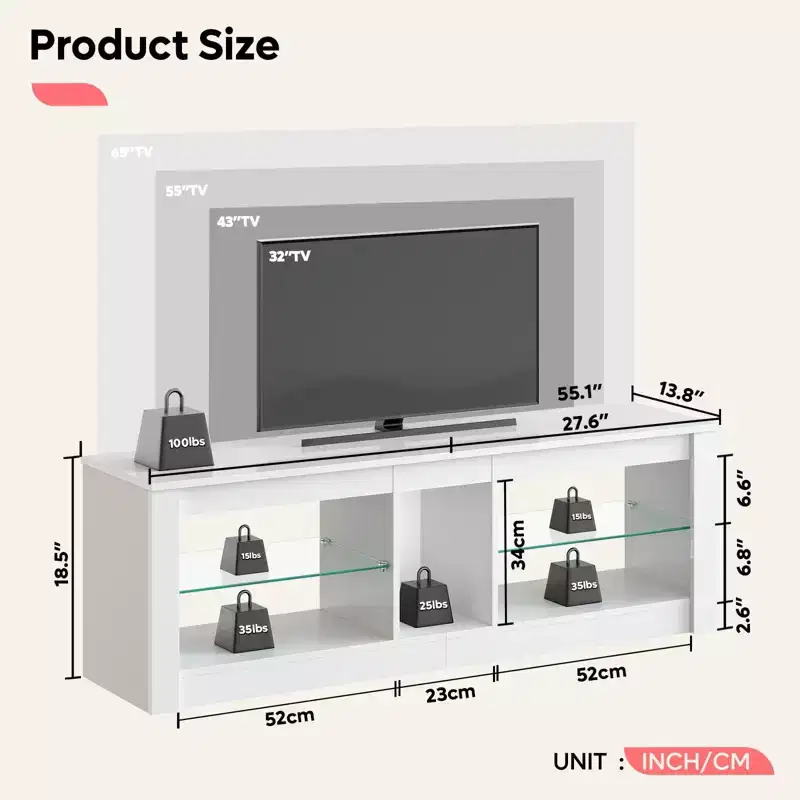 Particle Board TV Stand with Glass Shelves 18.5''H x 55.12''W x 13.78''D