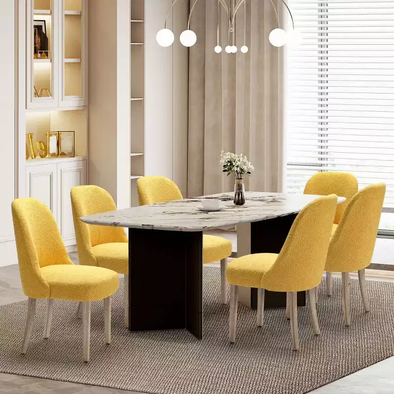 Mid-Century Modern Boucle Upholstered Dining Chair, Set of 6, Water-Resistant Fabric