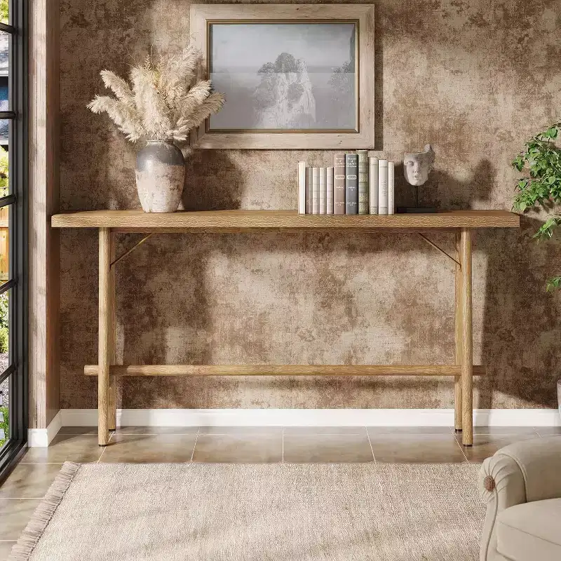 Lantine 63 Long Entryway Table, Modern Console Table with Metal Legs, Wooden Sofa Console for Entrance, Hallway, Living Room, Natural Brown