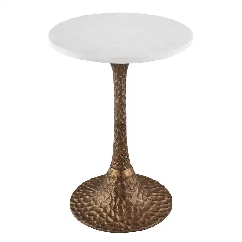 Royal Hampton 20.5 Inch Accent Side Table Round White Marble Top | Hammered Pedestal Base