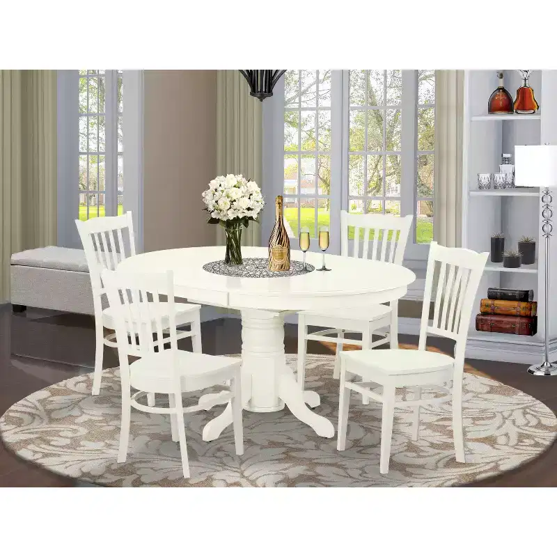 HomeStock Belmont 5 Pc Dining set with a Kitchen Table and 4 Wood Seat Kitchen Chairs in Linen White