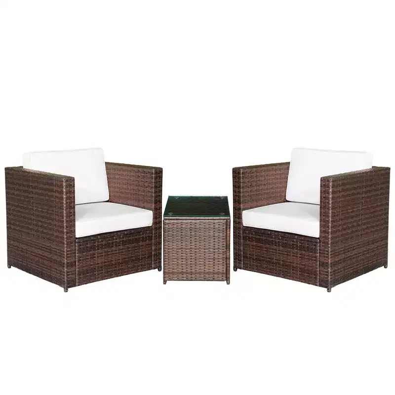 Outsunny 3 Piece Wicker Bistro Patio Set for 2, Rattan Porch Chairs, Cushions, Glass Side table, Garden or Balcony Furniture Conversation Set