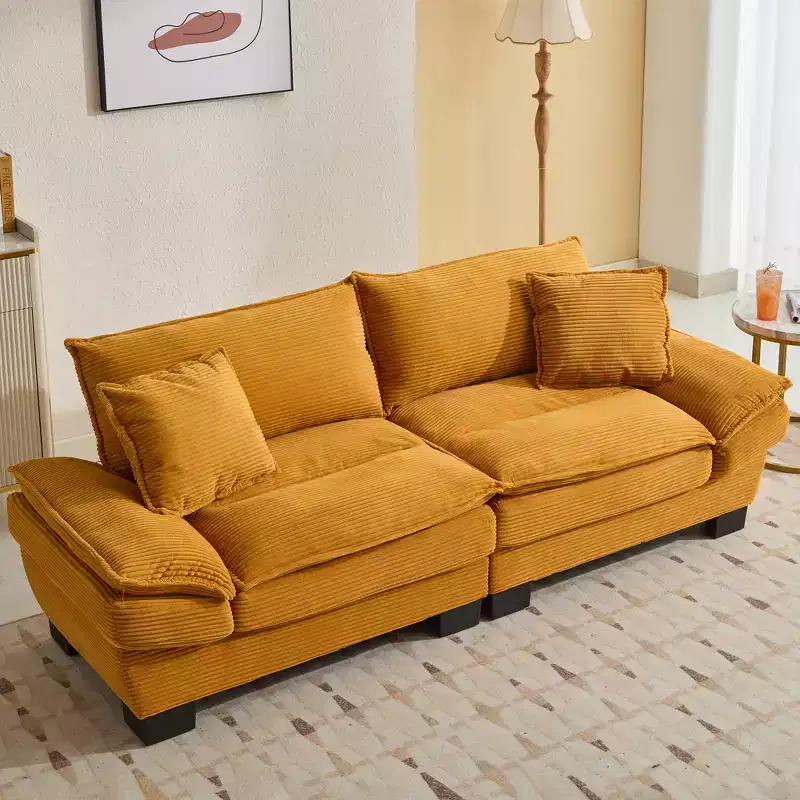 Corduroy Loveseat Sofa with Back Pillows – Deep Seat, Wood Frame