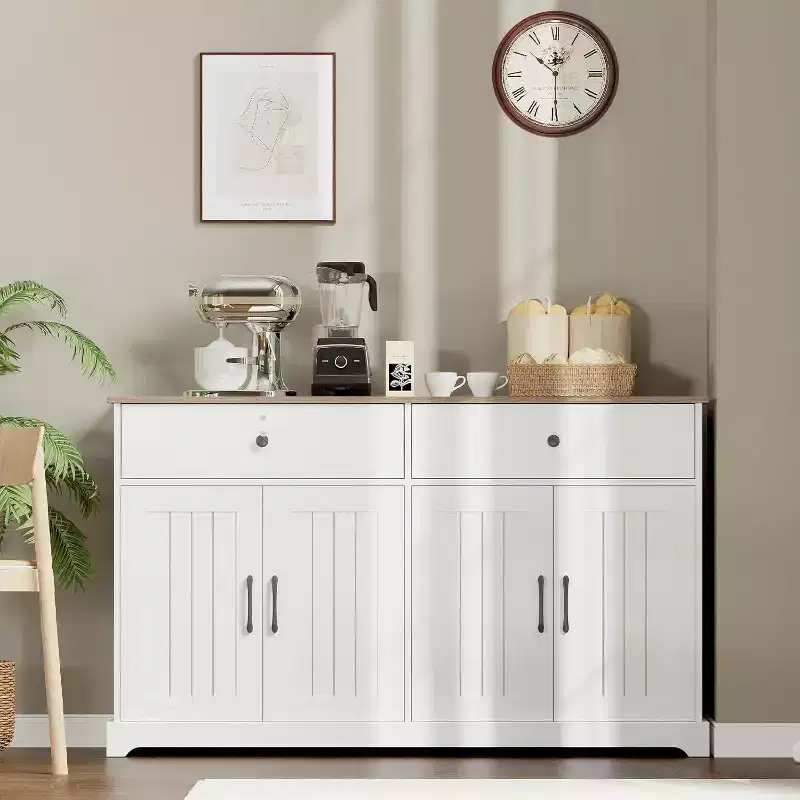 56 Farmhouse Buffet Cabinet - Storage Sideboard with Drawers, Adjustable Shelf & Barn Doors,White