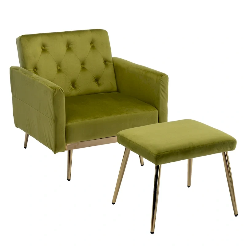 HOMEFUN Velvet Tufted Adjustable Armrests and Backrest Armchair with Ottoman
