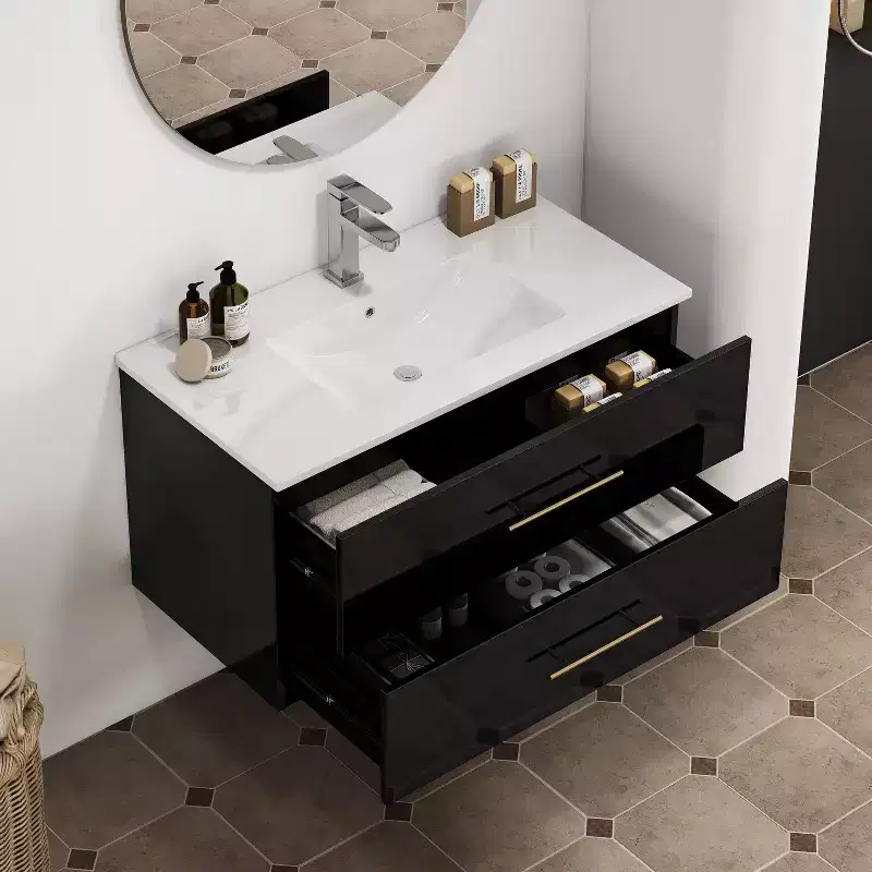 Bathroom Vanity Wall-Mounted with Sink, Double Drawers, Ceramic Sink, Long Metal Handle, Easy to Install