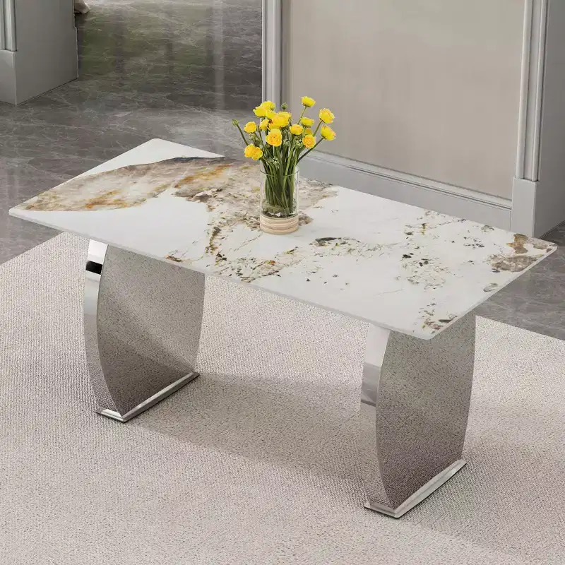 Okak Rectangular Dining Table with Patterned Tabletop, Stone Kitchen Table for Dining Room Living Room Office Kitchen