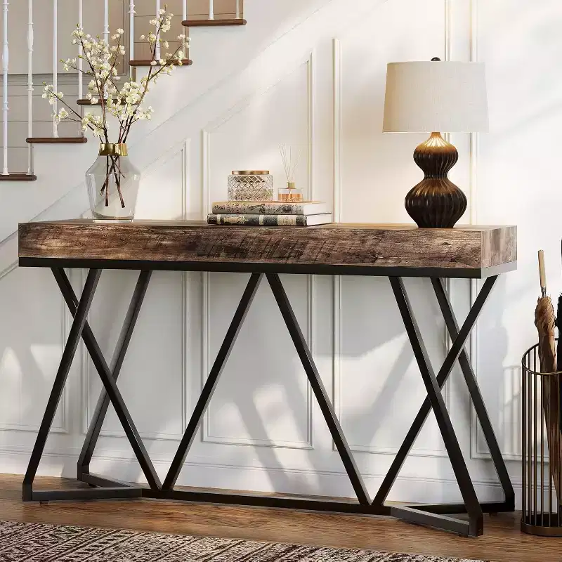 Lantine 55-Inch Console Table for Entryway, Industrial Wooden Sofa Table with Geometric Metal Base for Living Room, Entrance, Hallway, Rustic Brown