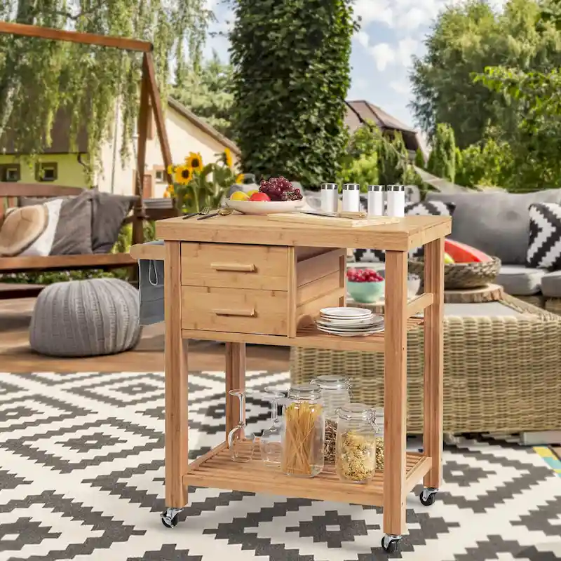 Costway Bamboo Kitchen Trolley Cart Wood Rolling Island w/ Tower Rack