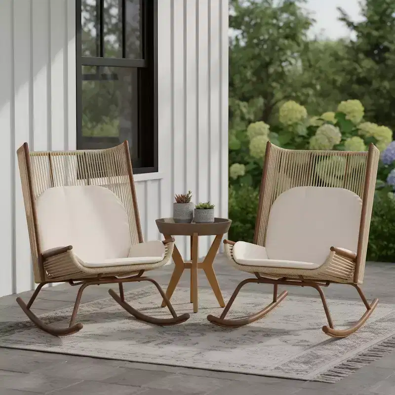 Christopher Knight Home Sunita Farmhouse 3 Piece Patio Dining Set with Acacia Wood Table and Iron Rocking Chairs