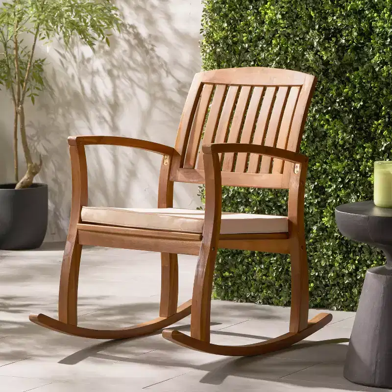 Okak Acacia Wood Patio Rocking Chairs with Water-Proof Cushions, Outdoor Chair with Fixed Arms, Patio Chair for Garden, Lawn, Backyard, Natural+Cream