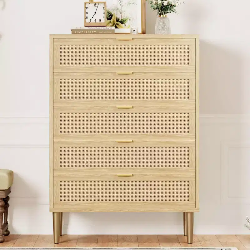 5 Drawer Dresser, 44'' Tall Narrow Chest of Drawer, Farmhouse Wooden Vertical Dresser with Metal Legs and Handles, Modern Cabinet