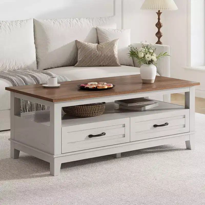 Brown Rectangular Coffee Table with 2 Drawers & Open Shelf, 6 Legs