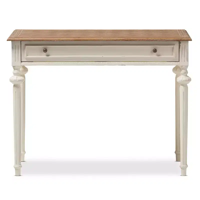 French Provincial Weathered Oak Wash Writing Desk White: Mid-Century Style, Open Shelf Storage