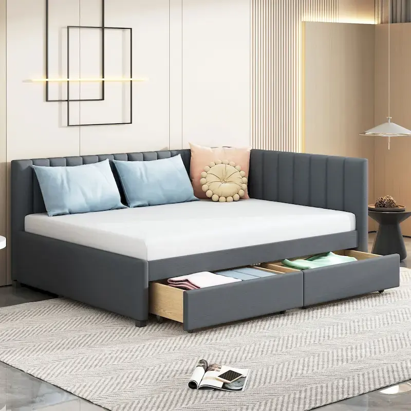 Full-Size Upholstered Daybed with Linen Backrest and 2 Storage Drawers – Gray, 1-Unit