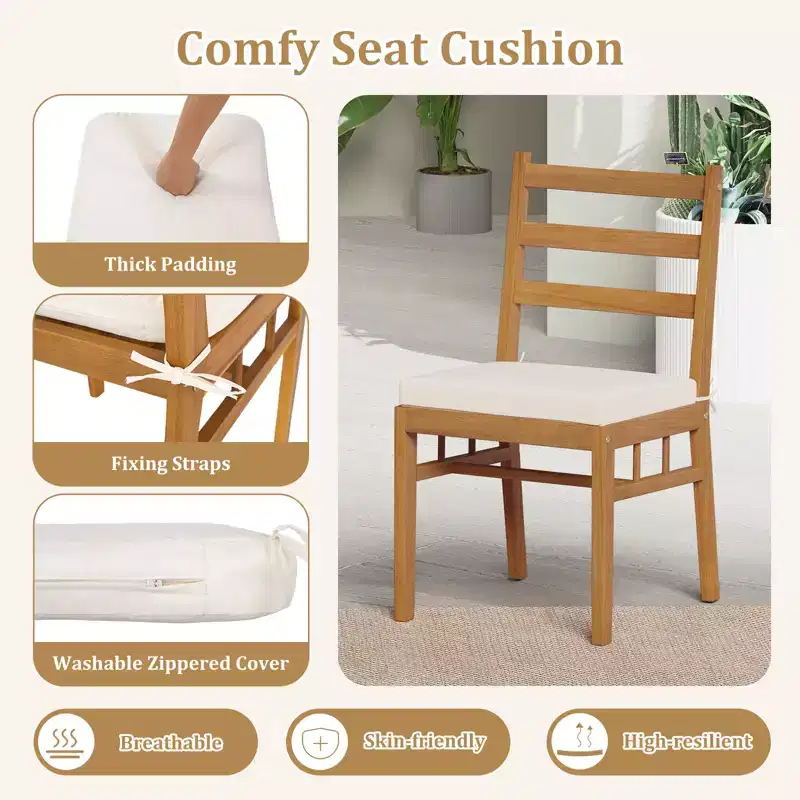 Costway Solid Acacia Wood Patio Chair Set of 4 w/ Padded Seat Cushions