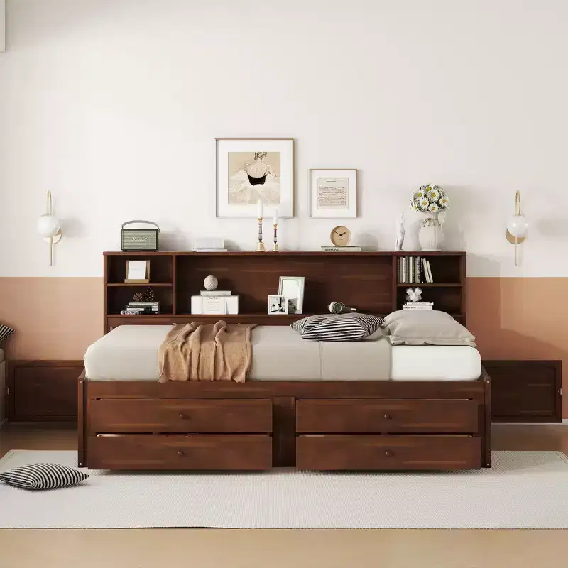 Whisen Full Size Wooden Captain Bed Platform Bed with Built-in Storage Shelves, Drawers and Cabinets - Antique Brown