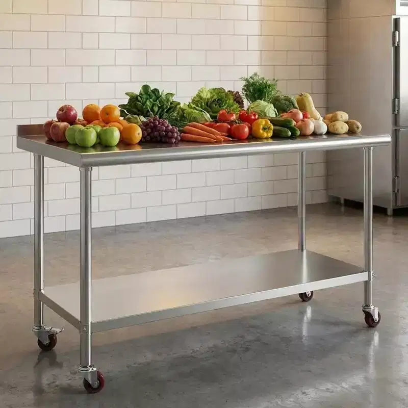Garvee 60 Stainless Steel Tables with Wheels and Backsplash for Kitchen, Restaurant, Silver