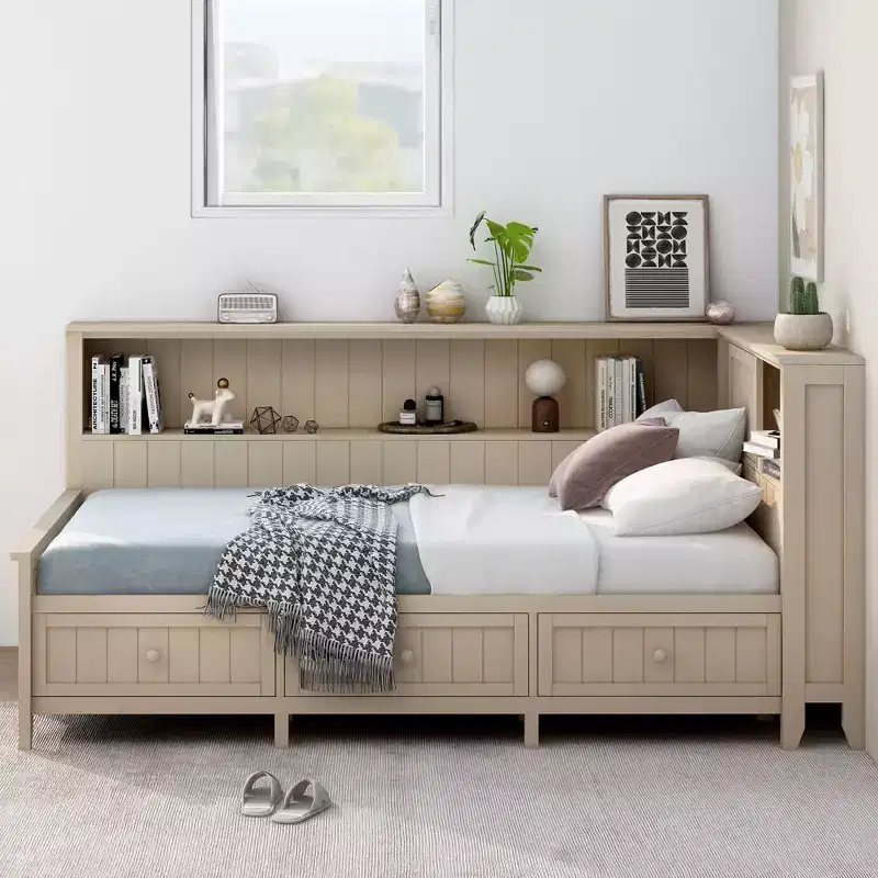 Clihome Twin Size Wood Daybed with Storage Shelves and 3 Drawers
