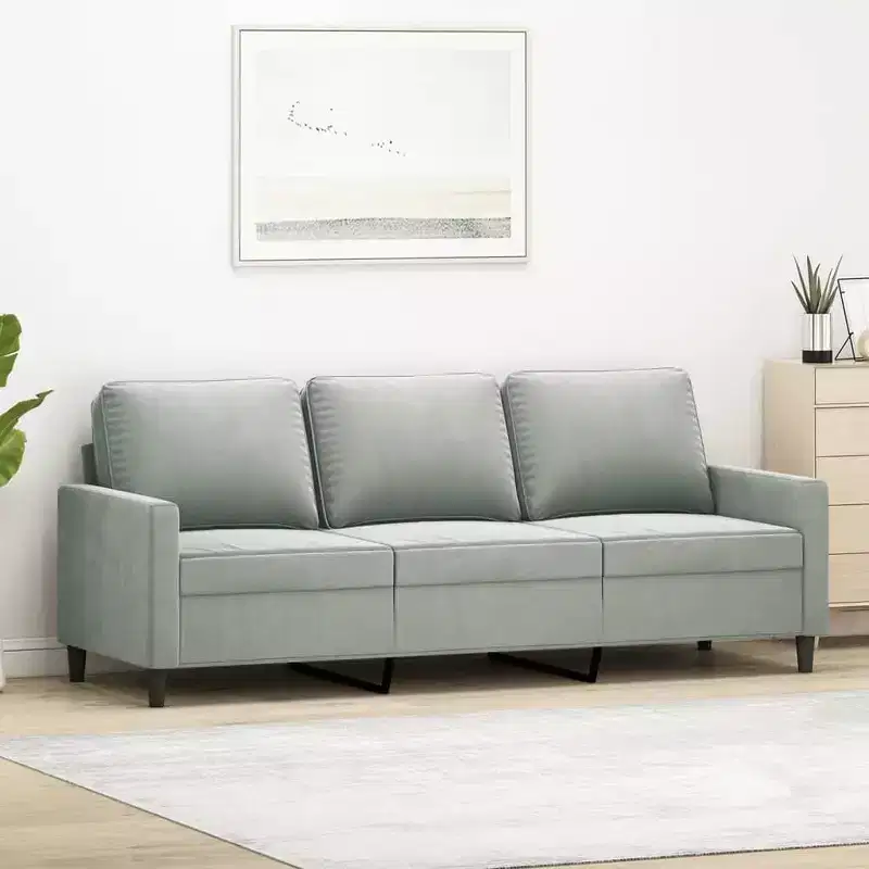 3-Seater Velvet Sofa - Light Gray Modern Couch with Comfortable Padding and Stable Metal Frame for Living Room or Lounge Area