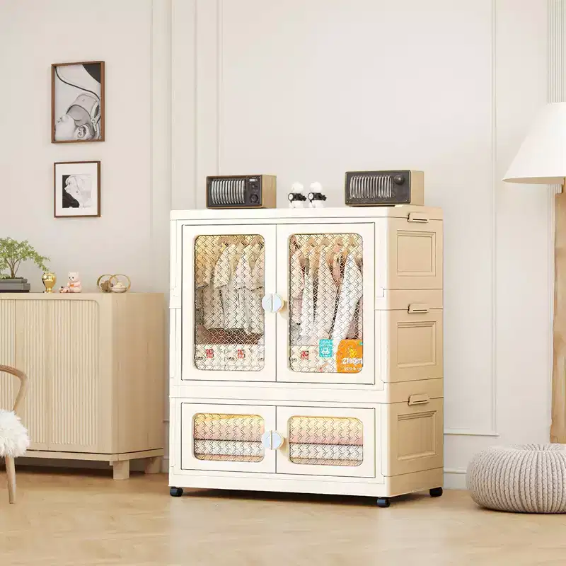 2-Tier Storage Wardrobe with Transparent Doors & Rolling Bins – Collapsible Home Organizer