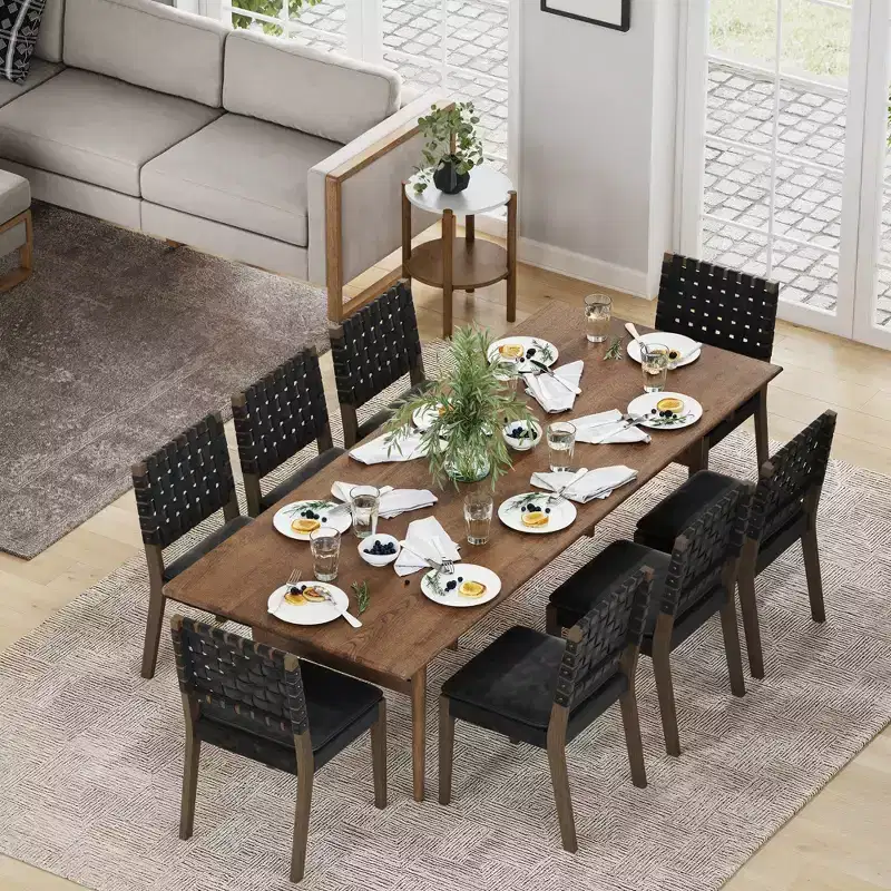 Set of 8 Faux Leather Dining Chairs Black – Hand-Woven Back, Solid Wood Frame, 300 lb