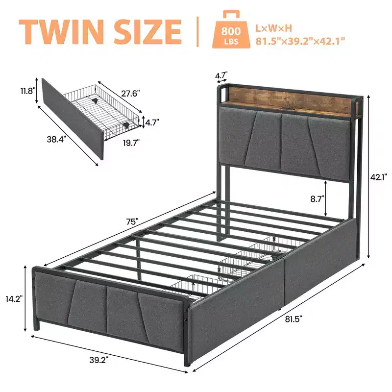 Twin/Full/Queen/King Size Bed Frame with 2 Storage Drawers and Charging Station