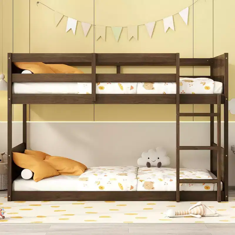 Okak Twin over Twin Floor Bunk Bed with Rubber Wood Frame, Toddler Bunk Beds with Panelled Headboard and Footboard, Bed Frames for Bedroom