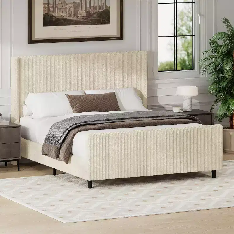 Cream Corduroy Wingback Bed Frame with Sturdy Wood Slat Support