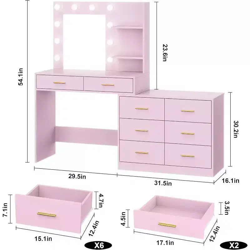 61 Pink Makeup Vanity Desk with Mirror & Lights, 8 Storage Drawers, 2-Tier Shelves, Adjustable 3-Mode LED, Sturdy MDF for Bedroom