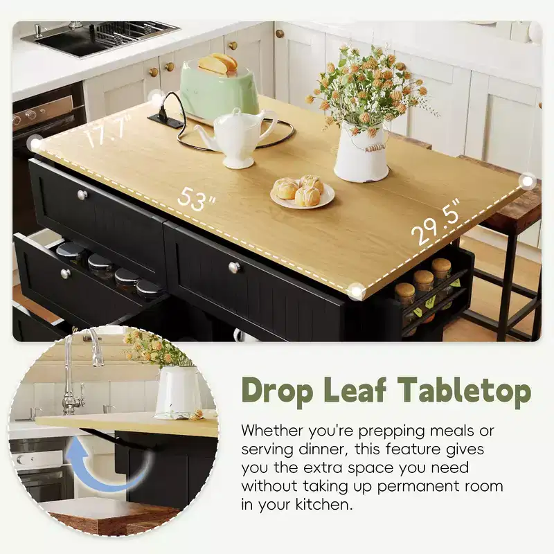 Farmhouse Kitchen Island with Drop Leaf, Drawers, Power Outlet and 2 Seats