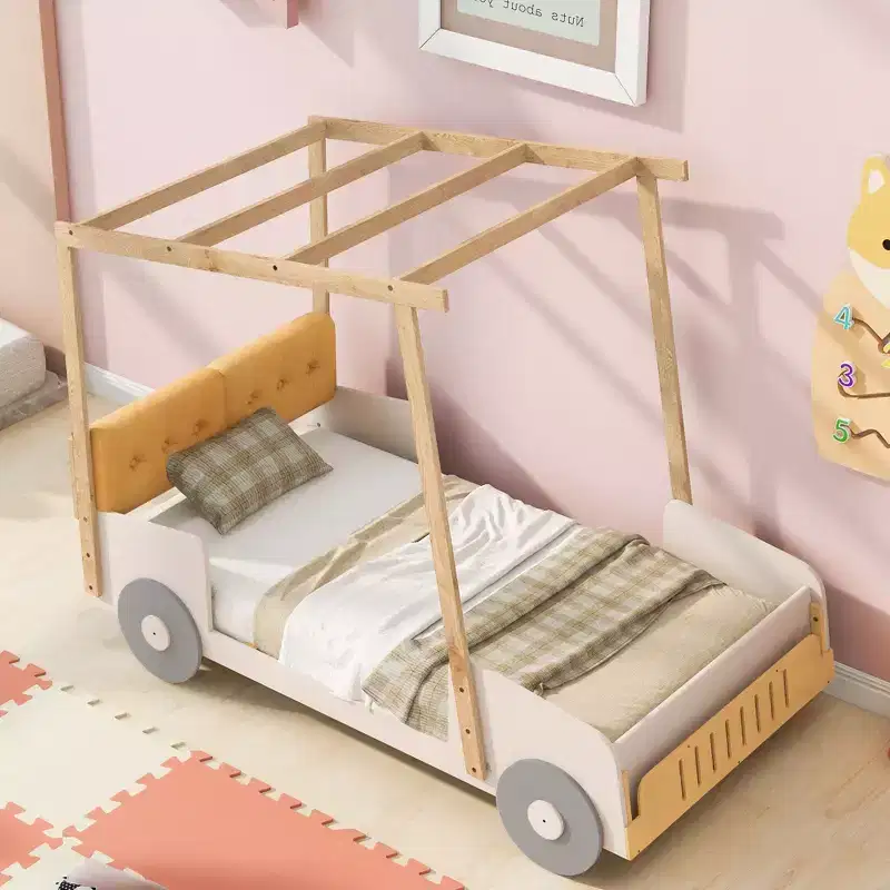 TUYOHW Twin/Full Size Car Bed with Piillow & Ceiling Cloth,Natural Canopy Bed for Kids,Solid Pine Wood Montessori Platform Bed with Slats Support