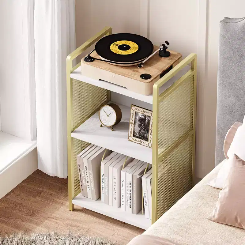 Record Player Stand with Storage, Wooden Turntable Stand with Mesh Gold Metal Side, 3-Tier Golden Record Player Side Table