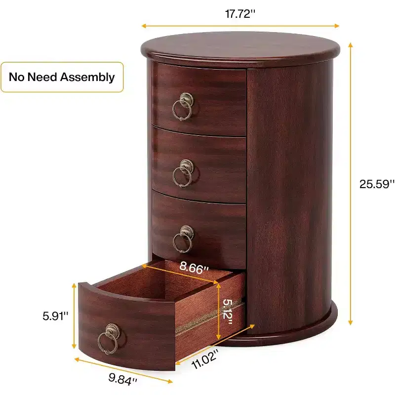 Lantine Solid Wood Nightstand, Round Bedside Table with 4 Drawers, Rustic Tall Night Stand for Bedroom & Living Room, No Assembly Required