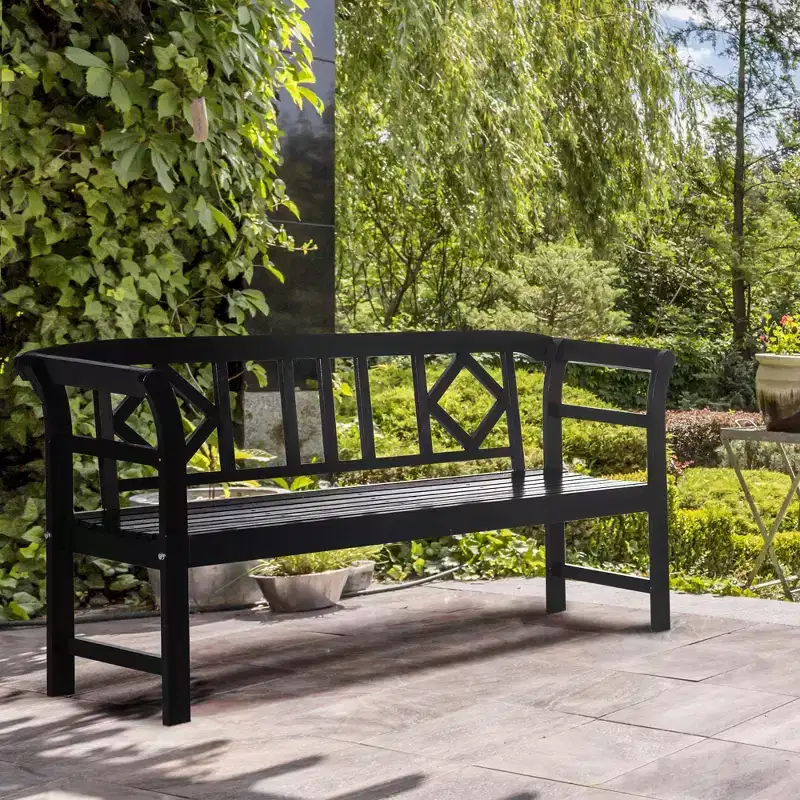 Outsunny Three-Seater Outdoor Patio Bench, Three-Person Wooden Bench with Wingback Backrest and Armrests, Slatted Seat